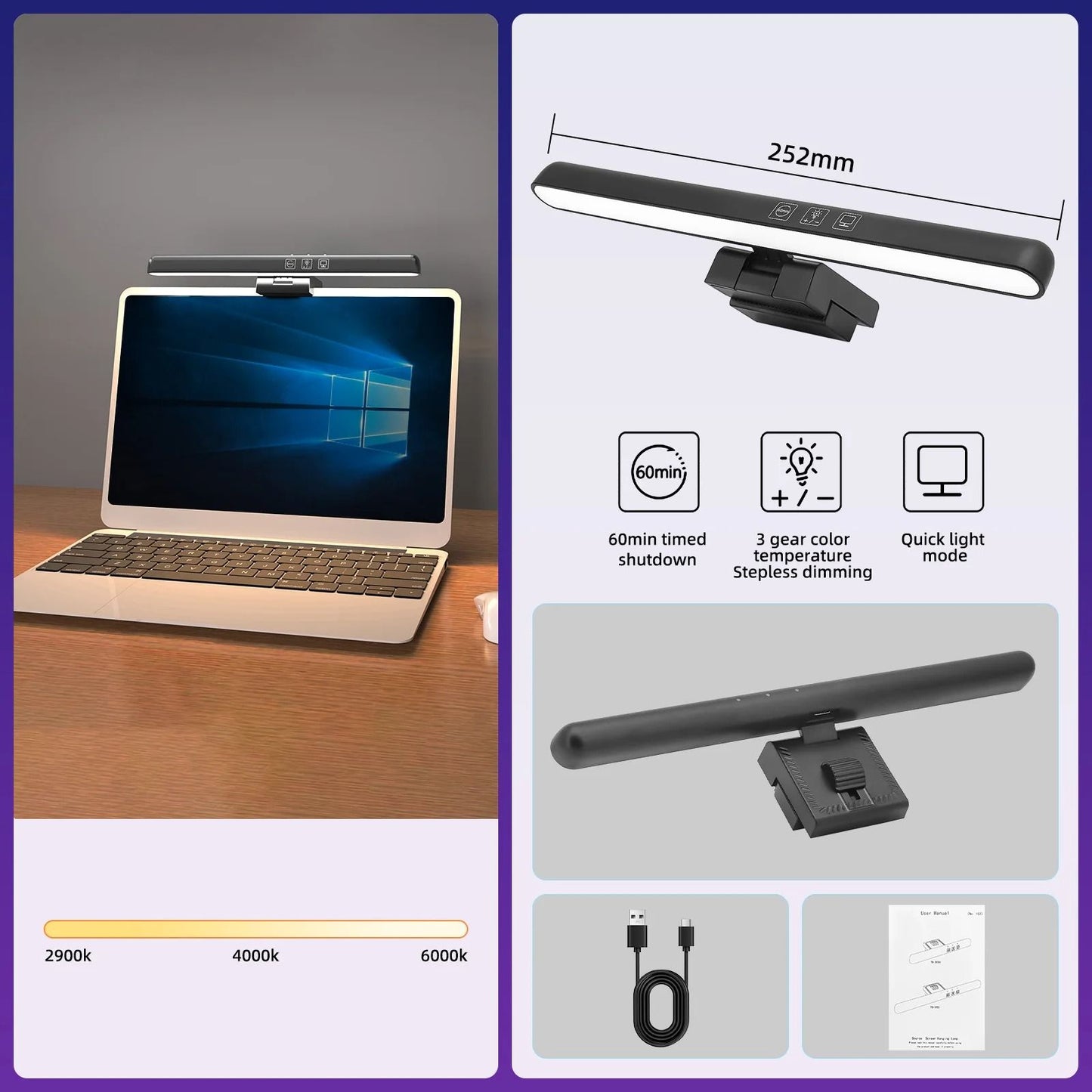 USB Monitor Light Bar With Stepless Dimming And RGB Ambient Backlight For Curved Screen Desks 11