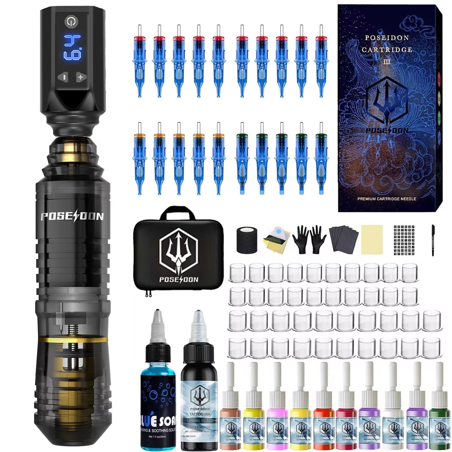 POSEIDON Transparent Wireless Tattoo Pen Kit – Professional Tattoo Machine with Power Supply for Permanent Makeup & Body