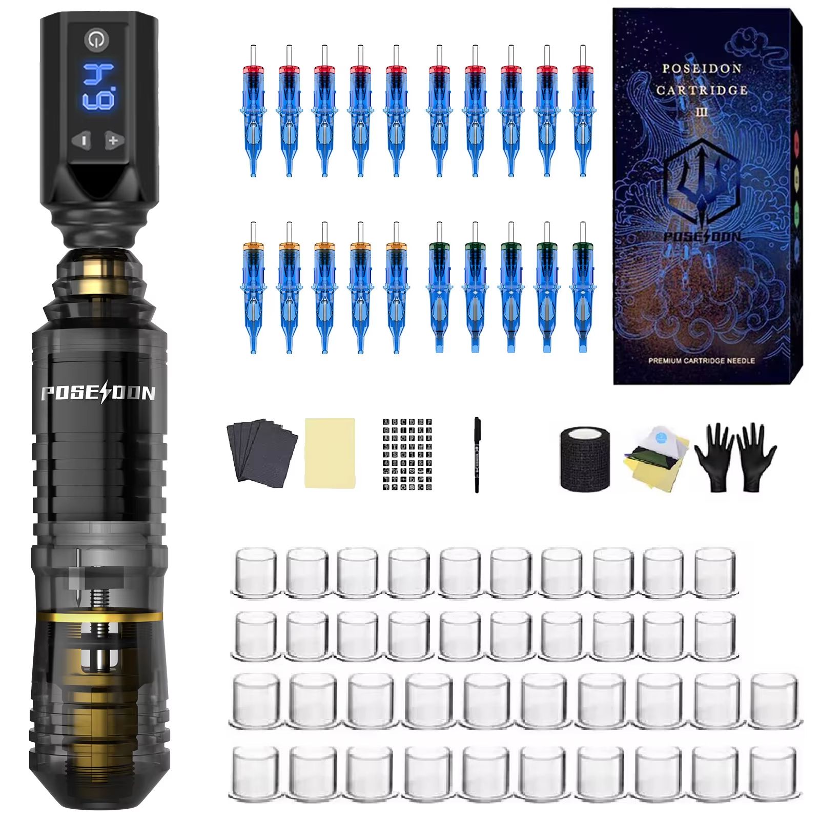 POSEIDON Transparent Wireless Tattoo Pen Kit  Professional Tattoo Machine With Power Supply For Per 8