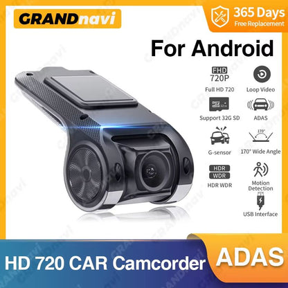 Grandnavi HD 720P Car DVR Dash Cam – USB ADAS Auto Recorder with Voice Alarm for Android Multimedia Systems