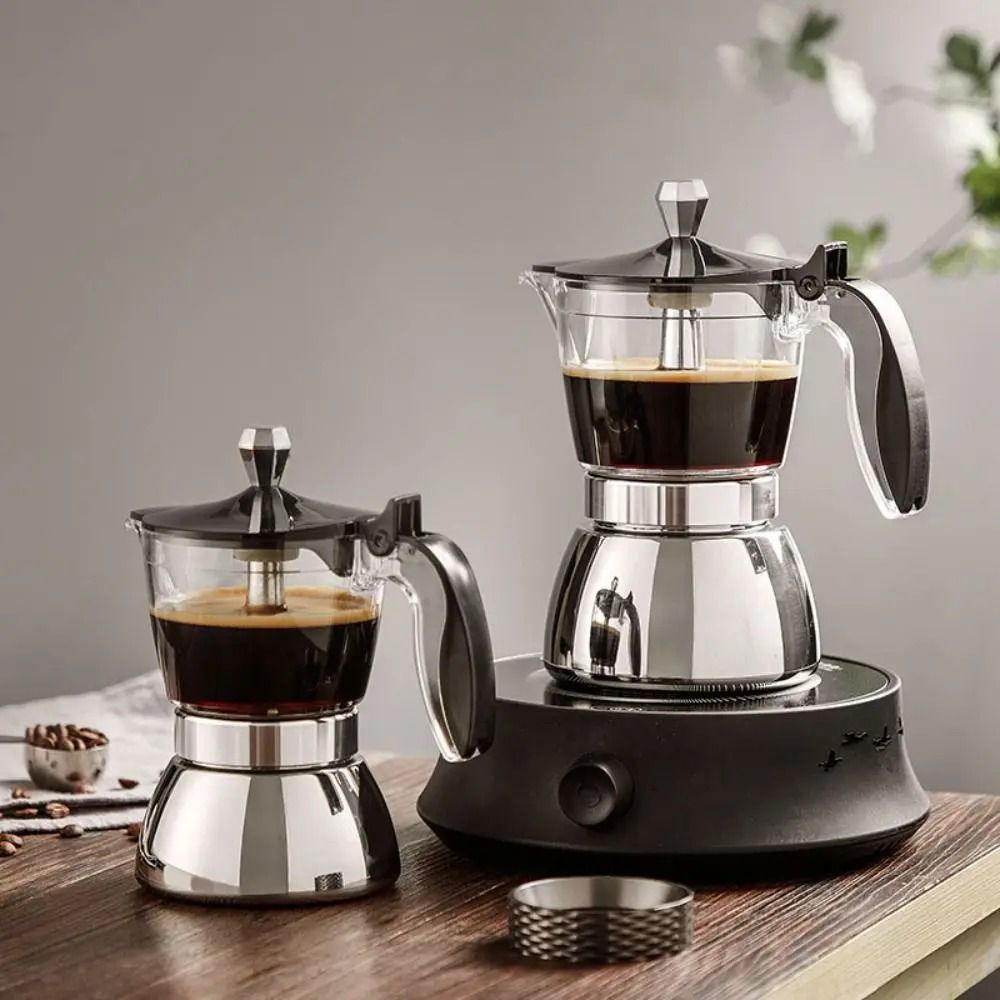 Visible Stainless Steel Moka Pot Coffee Maker with Transparent Pot Body for Espresso and Home Brewing