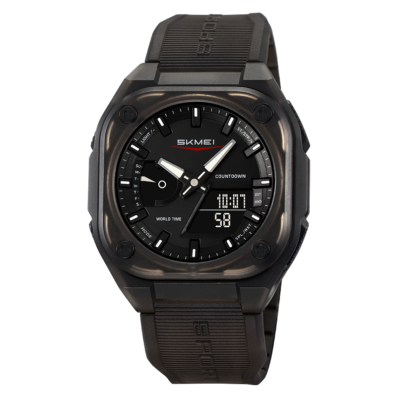 Men Dual Time Electronic Watch, 5 Alarm, Countdown Timer, Waterproof with Date, Week, Daylight Saving