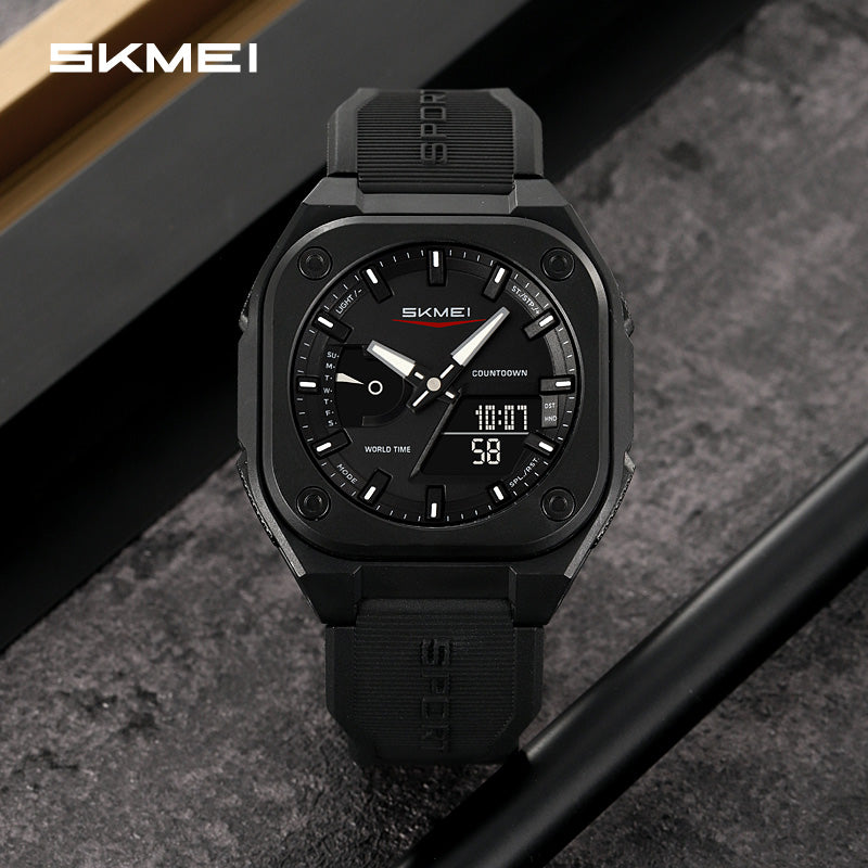 Men Dual Time Electronic Watch, 5 Alarm, Countdown Timer, Waterproof with Date, Week, Daylight Saving