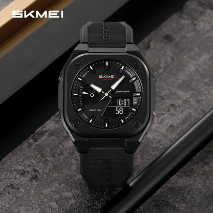 Men Dual Time Electronic Watch, 5 Alarm, Countdown Timer, Waterproof with Date, Week, Daylight Saving