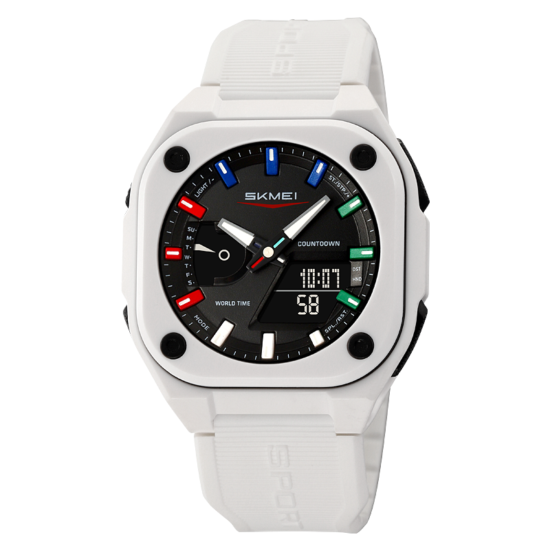 Men Dual Time Electronic Watch, 5 Alarm, Countdown Timer, Waterproof with Date, Week, Daylight Saving