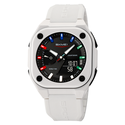 Men Dual Time Electronic Watch, 5 Alarm, Countdown Timer, Waterproof with Date, Week, Daylight Saving