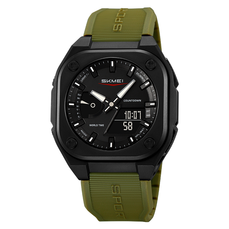 Men Dual Time Electronic Watch, 5 Alarm, Countdown Timer, Waterproof with Date, Week, Daylight Saving