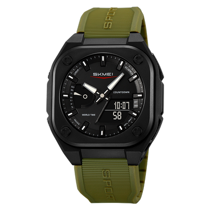 Men Dual Time Electronic Watch, 5 Alarm, Countdown Timer, Waterproof with Date, Week, Daylight Saving