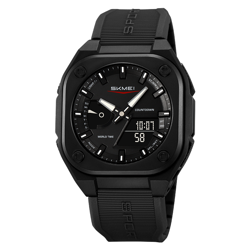 Men Dual Time Electronic Watch, 5 Alarm, Countdown Timer, Waterproof with Date, Week, Daylight Saving