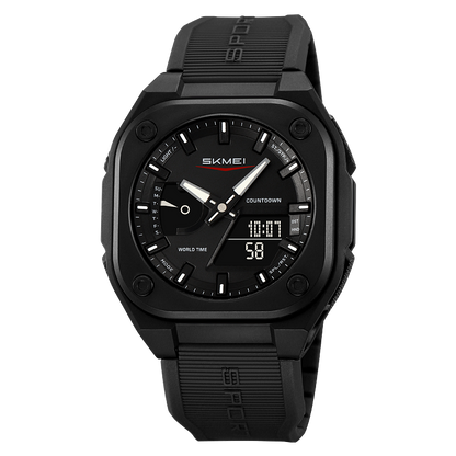 Men Dual Time Electronic Watch, 5 Alarm, Countdown Timer, Waterproof with Date, Week, Daylight Saving