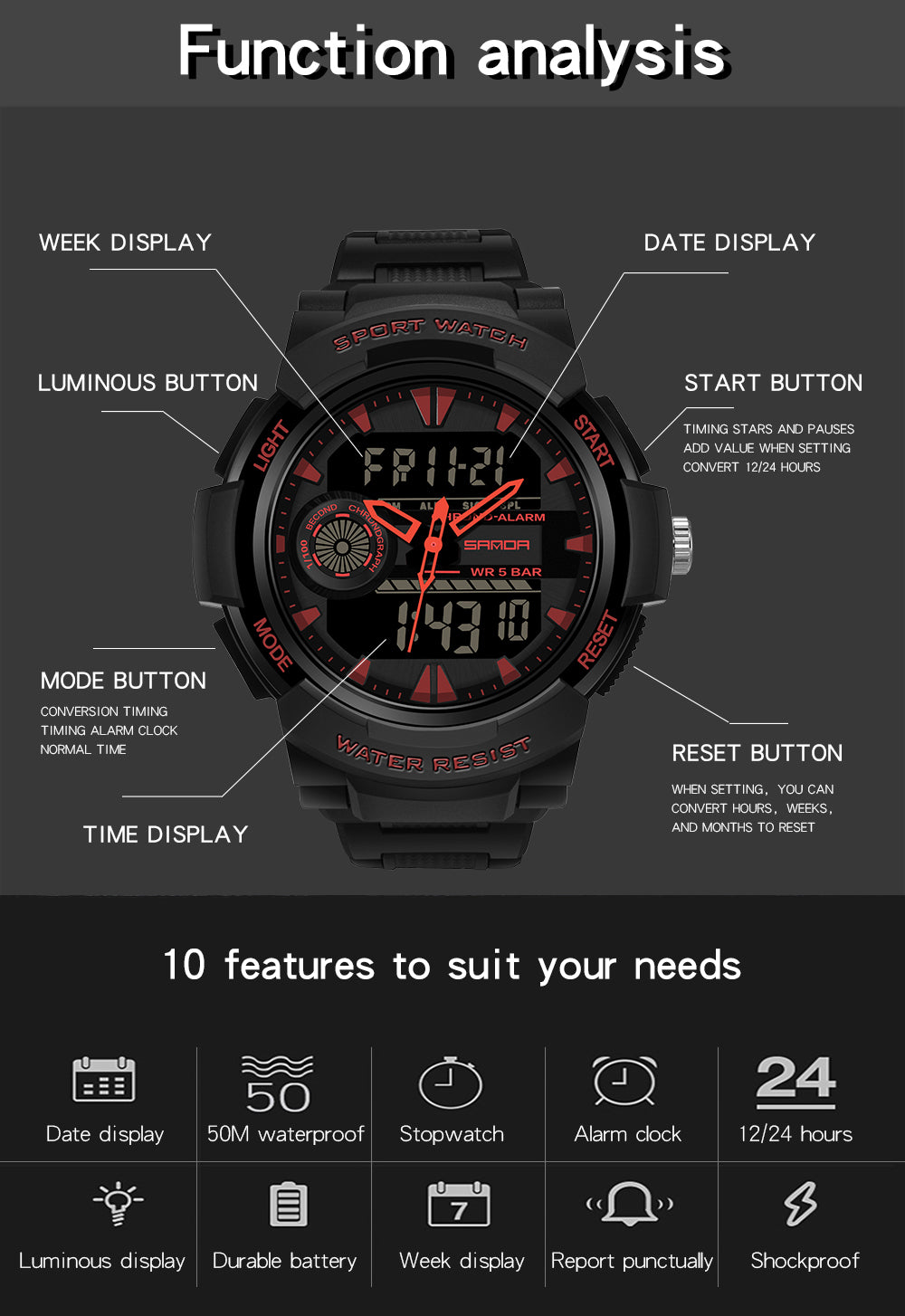 Student Sports Watch, Dual Display Waterproof Digital LED Watch, Multifunction Electronic Student Timepiece