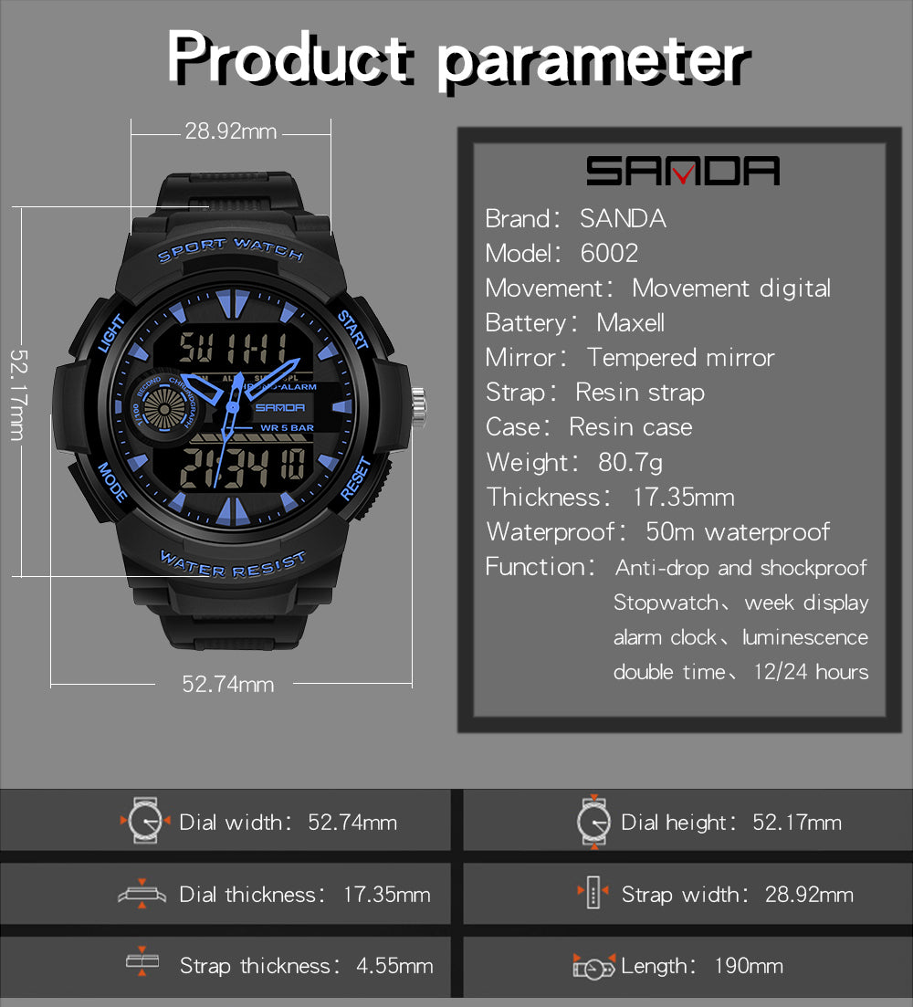 Student Sports Watch, Dual Display Waterproof Digital LED Watch, Multifunction Electronic Student Timepiece