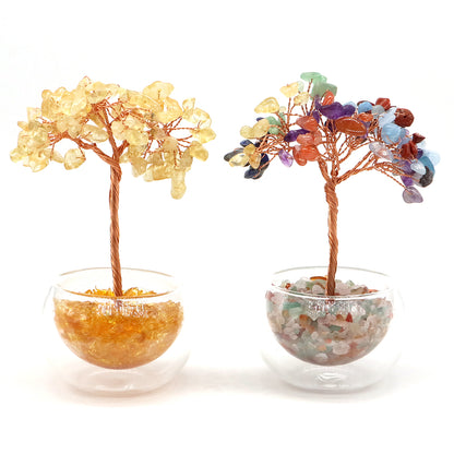 Crystal Money Tree, Glass Potted Plant with Natural Citrine, Amethyst & Chakra Quartz, Feng Shui Home Office Decor