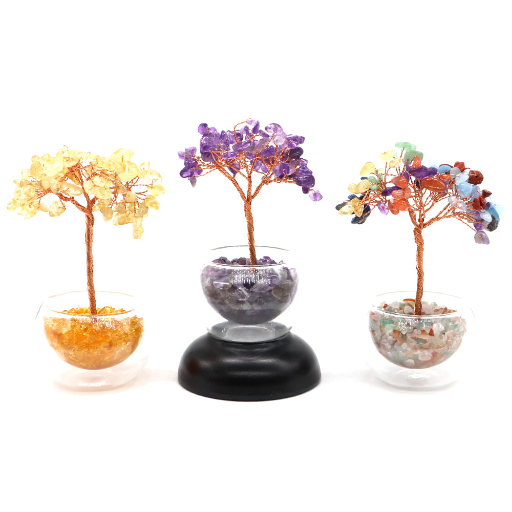 Crystal Money Tree, Glass Potted Plant with Natural Citrine, Amethyst & Chakra Quartz, Feng Shui Home Office Decor