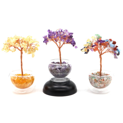 Crystal Money Tree, Glass Potted Plant with Natural Citrine, Amethyst & Chakra Quartz, Feng Shui Home Office Decor