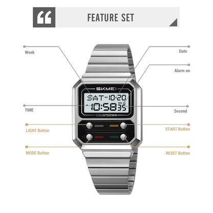 Retro Luxury Time Digital Electronic Watch for Women, Business Men Chrono Wristwatch, Waterproof Student Clock