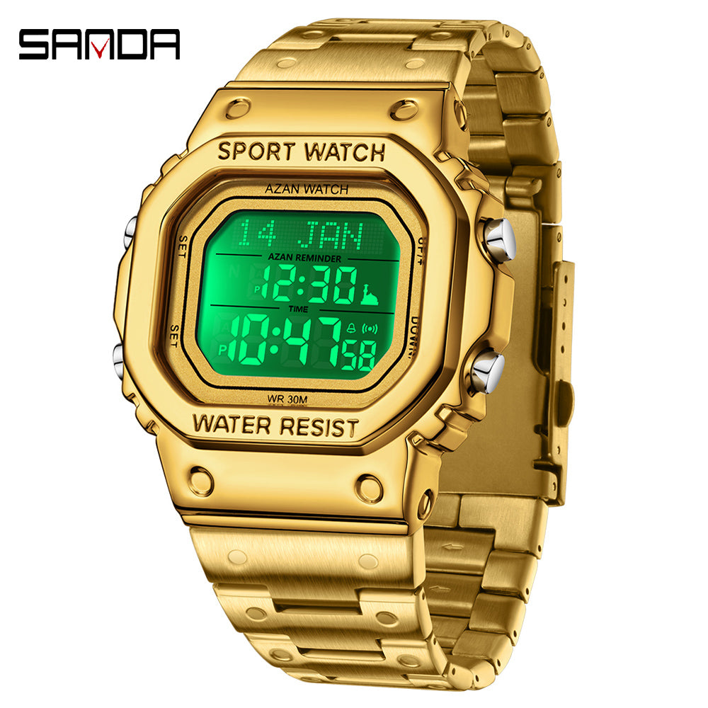 Waterproof Digital Men Watch, LED Chronograph Date Display, Luminous Golden Strap Wristwatch for Men