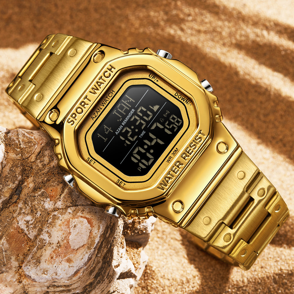 Waterproof Digital Men Watch, LED Chronograph Date Display, Luminous Golden Strap Wristwatch for Men