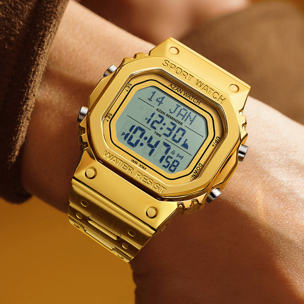 Waterproof Digital Men Watch, LED Chronograph Date Display, Luminous Golden Strap Wristwatch for Men