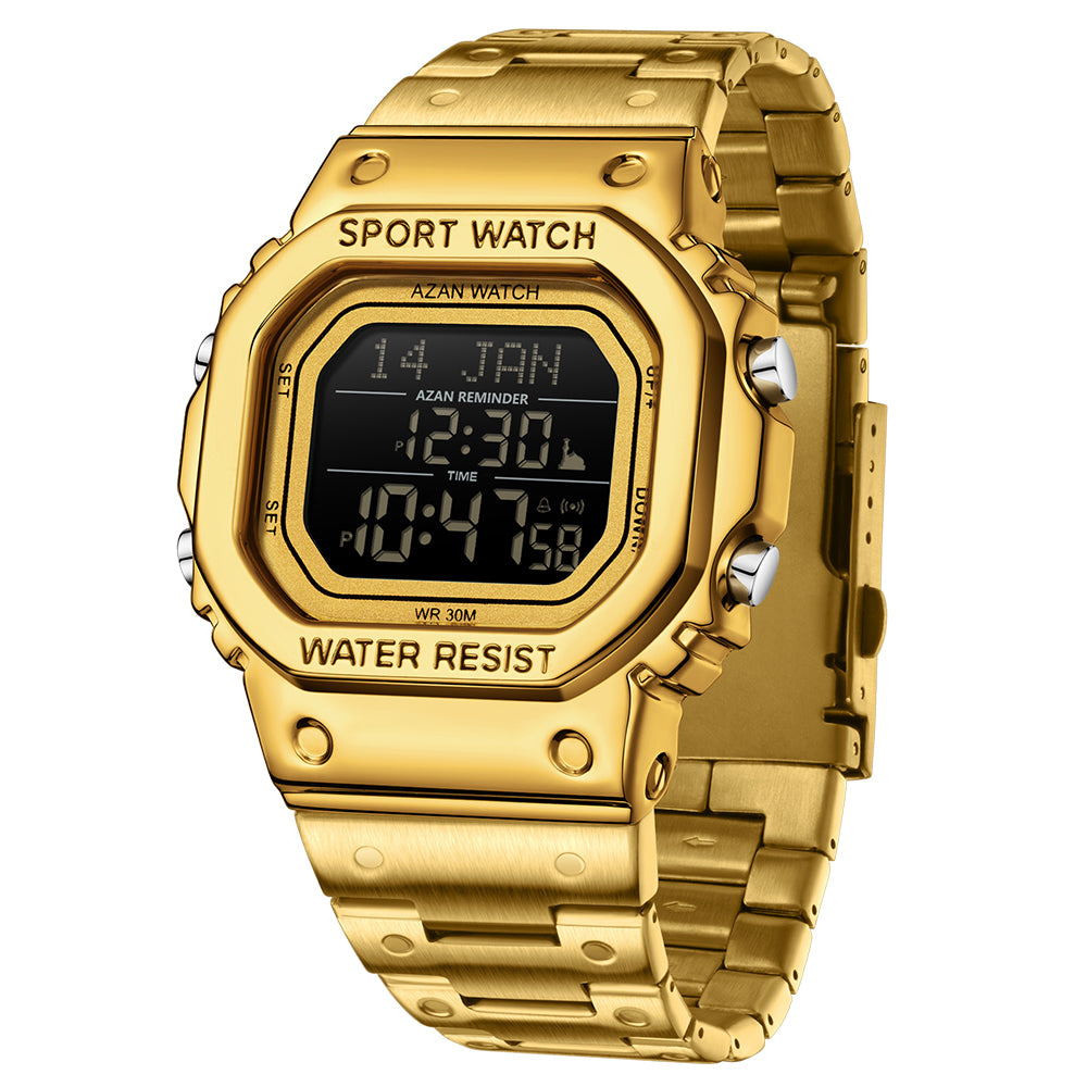 Waterproof Digital Men Watch, LED Chronograph Date Display, Luminous Golden Strap Wristwatch for Men