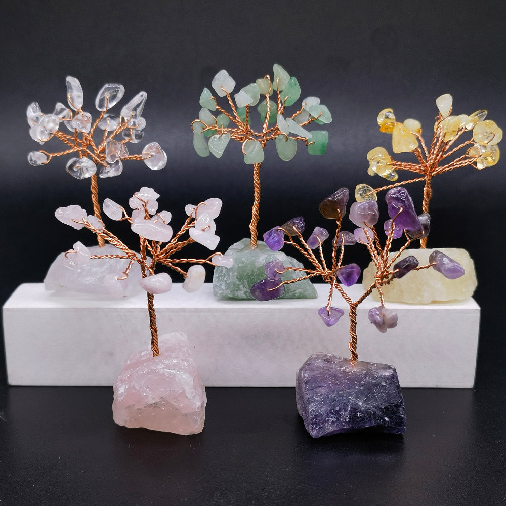 Natural Gemstone Crystal Money Lucky Tree, Feng Shui Raw Stone Base for Home, Office Desk & Living Room Decor