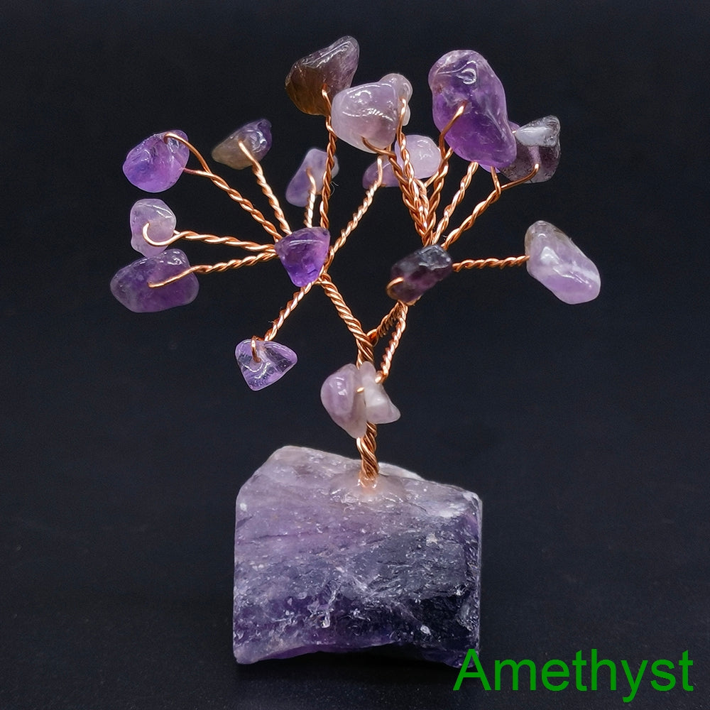 Natural Gemstone Crystal Money Lucky Tree, Feng Shui Raw Stone Base for Home, Office Desk & Living Room Decor