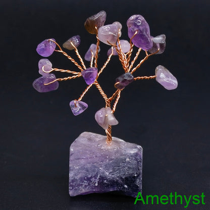 Natural Gemstone Crystal Money Lucky Tree, Feng Shui Raw Stone Base for Home, Office Desk & Living Room Decor