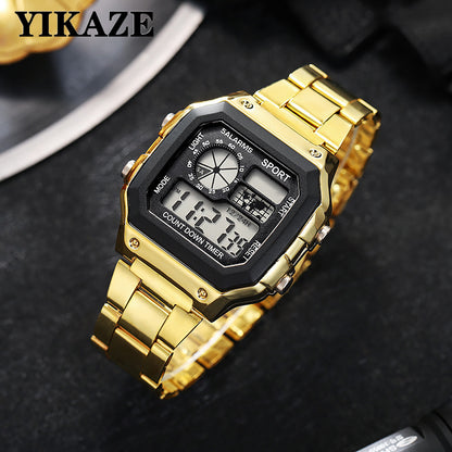 Men Digital Watch Stainless Steel Strap, Waterproof Countdown Sport Watches, LED Electronic Wristwatch for Gift