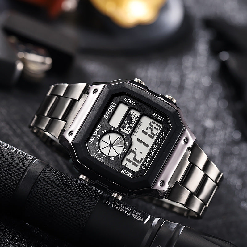 Men Digital Watch Stainless Steel Strap, Waterproof Countdown Sport Watches, LED Electronic Wristwatch for Gift