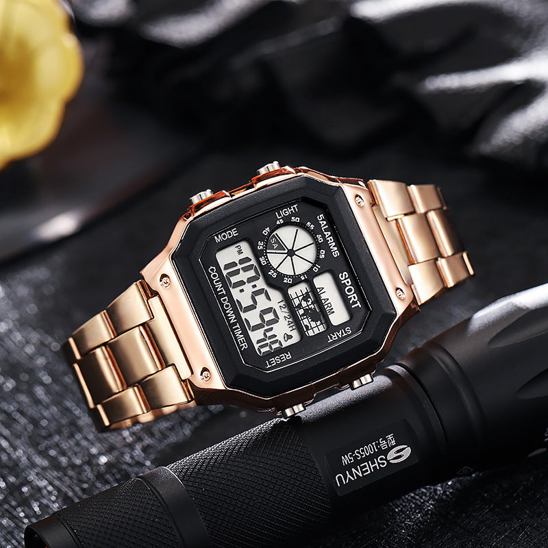 Men Digital Watch Stainless Steel Strap, Waterproof Countdown Sport Watches, LED Electronic Wristwatch for Gift