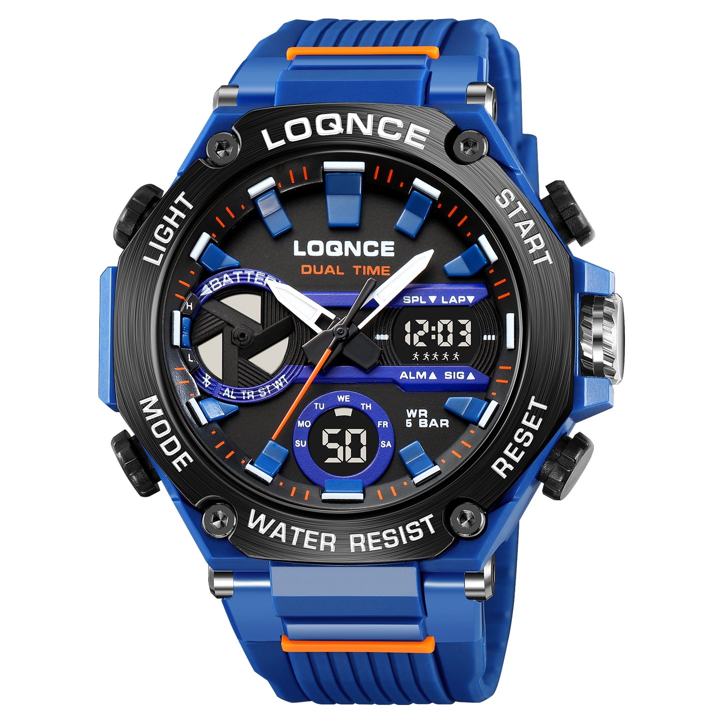 Mens Sport Watches, Digital Double Time Chronograph Watch, LED Chrono Montre Homme Week Display