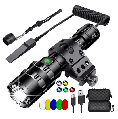Tactical LED Hunting Flashlight L2 18650 Waterproof with Gun Mount and USB Rechargeable Switch