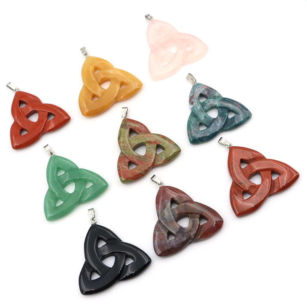 Natural Stone Irish Celtic Knot Pendant, Reiki Healing Crystal, Triangle Flower Amulet for DIY Jewelry Making Necklace