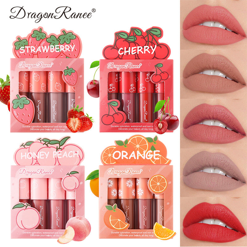 Mini Velvet Matte Lip Gloss Set, 4-Piece Non-Fading Lip Tint Kit, Long-Lasting Fruit Scented Smooth and Lightweight