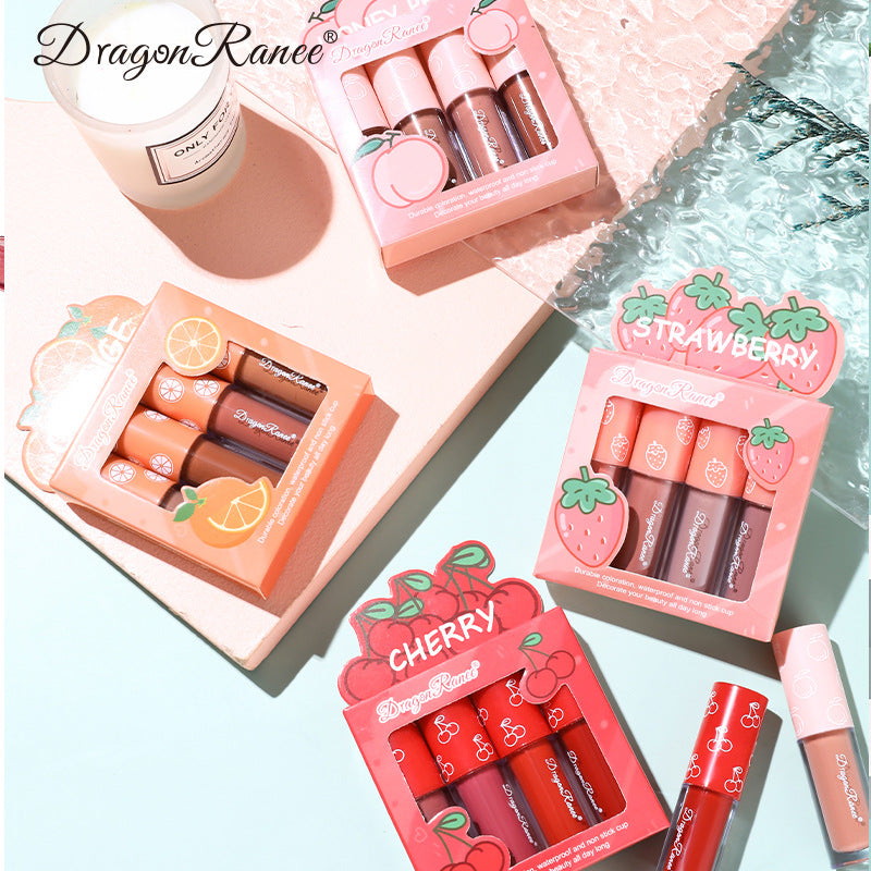 Mini Velvet Matte Lip Gloss Set, 4-Piece Non-Fading Lip Tint Kit, Long-Lasting Fruit Scented Smooth and Lightweight