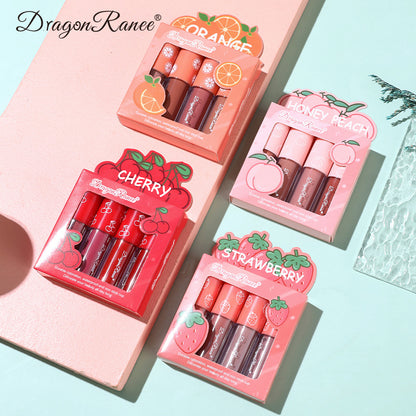 Mini Velvet Matte Lip Gloss Set, 4-Piece Non-Fading Lip Tint Kit, Long-Lasting Fruit Scented Smooth and Lightweight