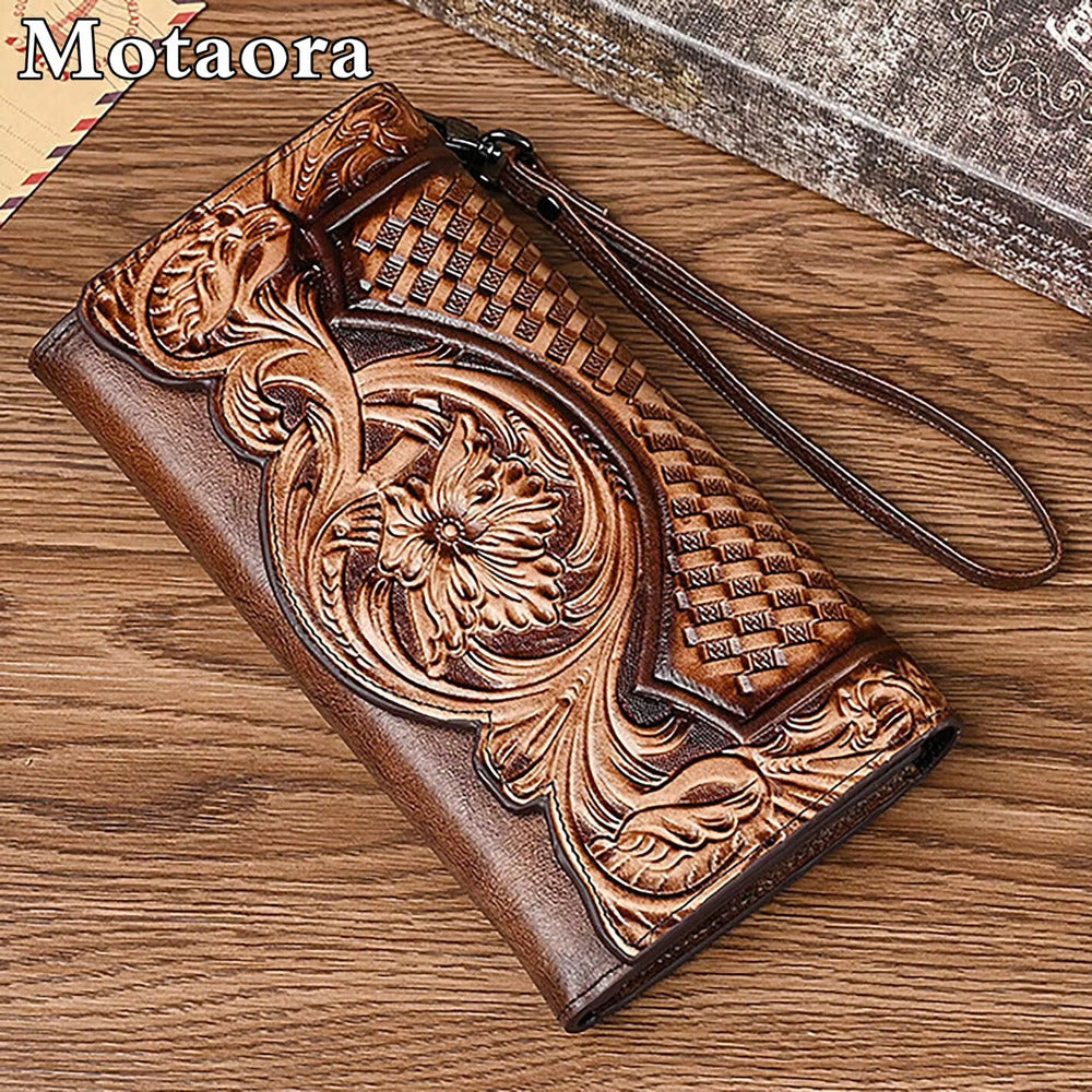 Genuine Leather Long Ladies Wallets For Woman, MOTAORA Vintage Embossed Women's Wallet, Clutch Purse Organizer
