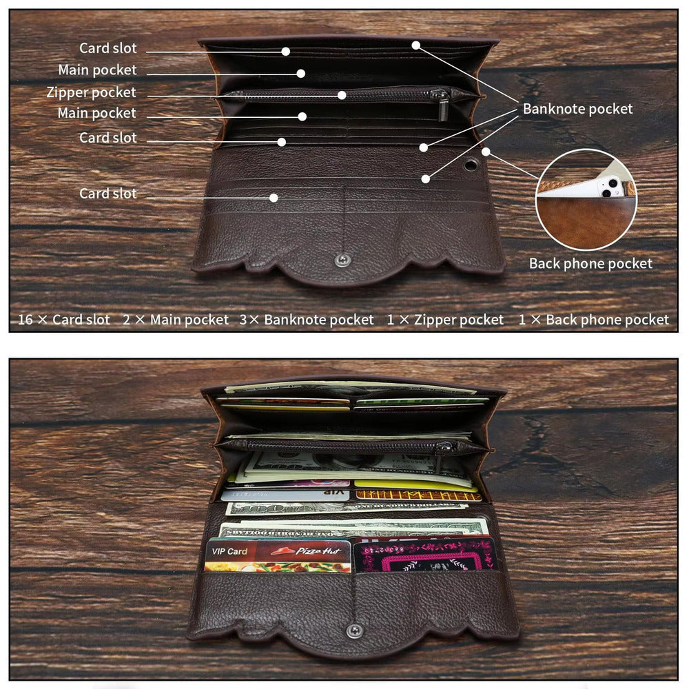 Genuine Leather Long Ladies Wallets For Woman, MOTAORA Vintage Embossed Women's Wallet, Clutch Purse Organizer