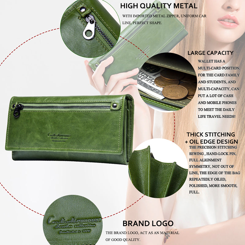 Genuine Leather Women Wallets by Contact's, Female Long Clutch Wallet, Large Capacity Phone Purse Photo Holder