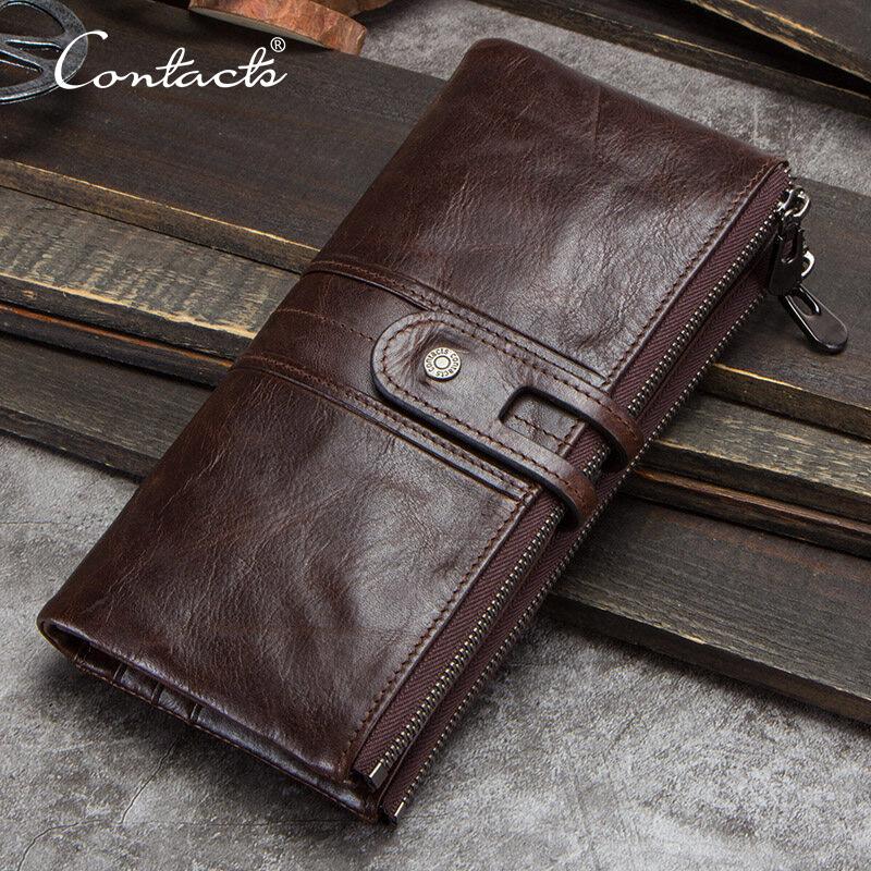 Vintage CONTACTS Men Clutch Wallet Genuine Leather, Long Wallet, Card Holder, Zipper Coin Purse, Money Organizer