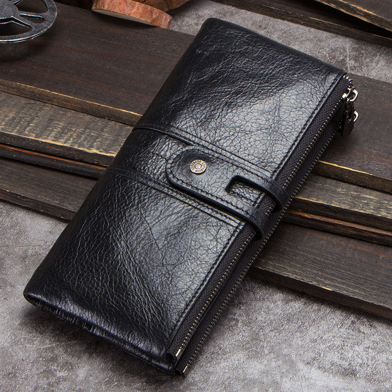 Vintage CONTACTS Men Clutch Wallet Genuine Leather, Long Wallet, Card Holder, Zipper Coin Purse, Money Organizer