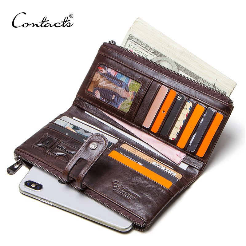 Vintage CONTACTS Men Clutch Wallet Genuine Leather, Long Wallet, Card Holder, Zipper Coin Purse, Money Organizer