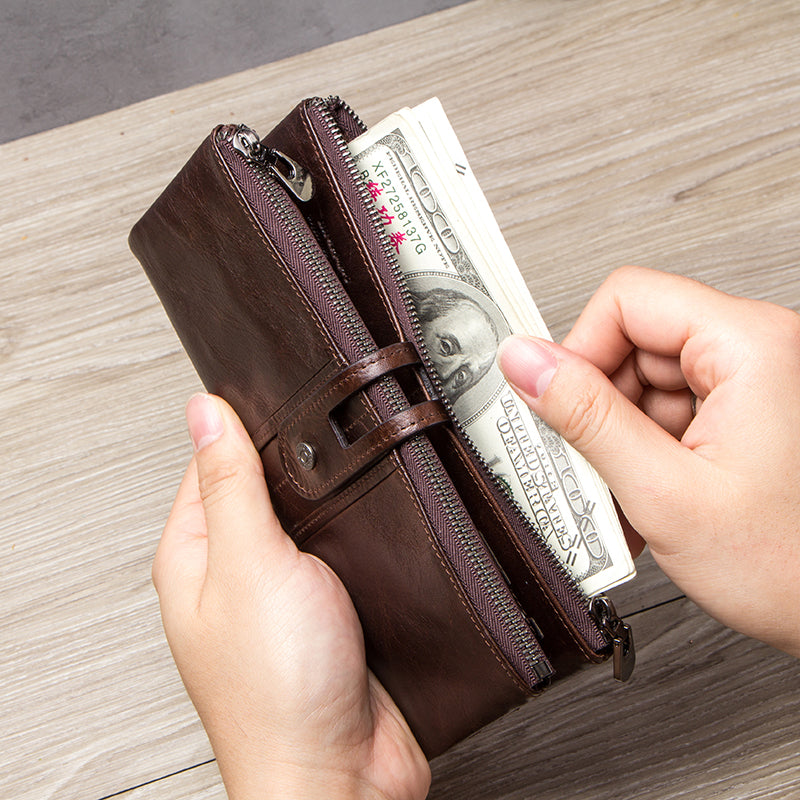 Vintage CONTACTS Men Clutch Wallet Genuine Leather, Long Wallet, Card Holder, Zipper Coin Purse, Money Organizer