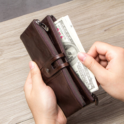 Vintage CONTACTS Men Clutch Wallet Genuine Leather, Long Wallet, Card Holder, Zipper Coin Purse, Money Organizer