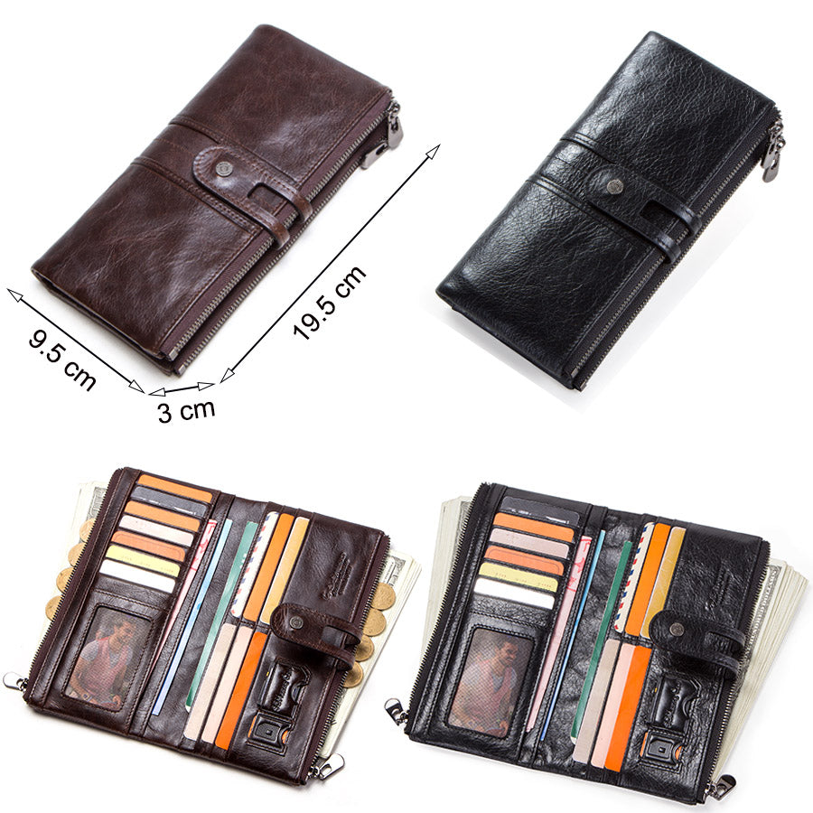 Vintage CONTACTS Men Clutch Wallet Genuine Leather, Long Wallet, Card Holder, Zipper Coin Purse, Money Organizer