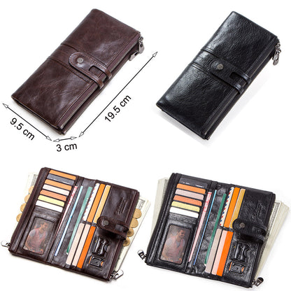 Vintage CONTACTS Men Clutch Wallet Genuine Leather, Long Wallet, Card Holder, Zipper Coin Purse, Money Organizer