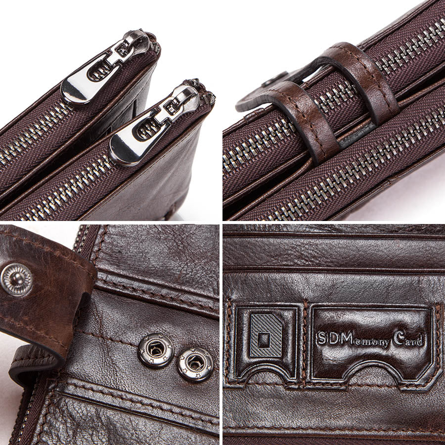 Vintage CONTACTS Men Clutch Wallet Genuine Leather, Long Wallet, Card Holder, Zipper Coin Purse, Money Organizer