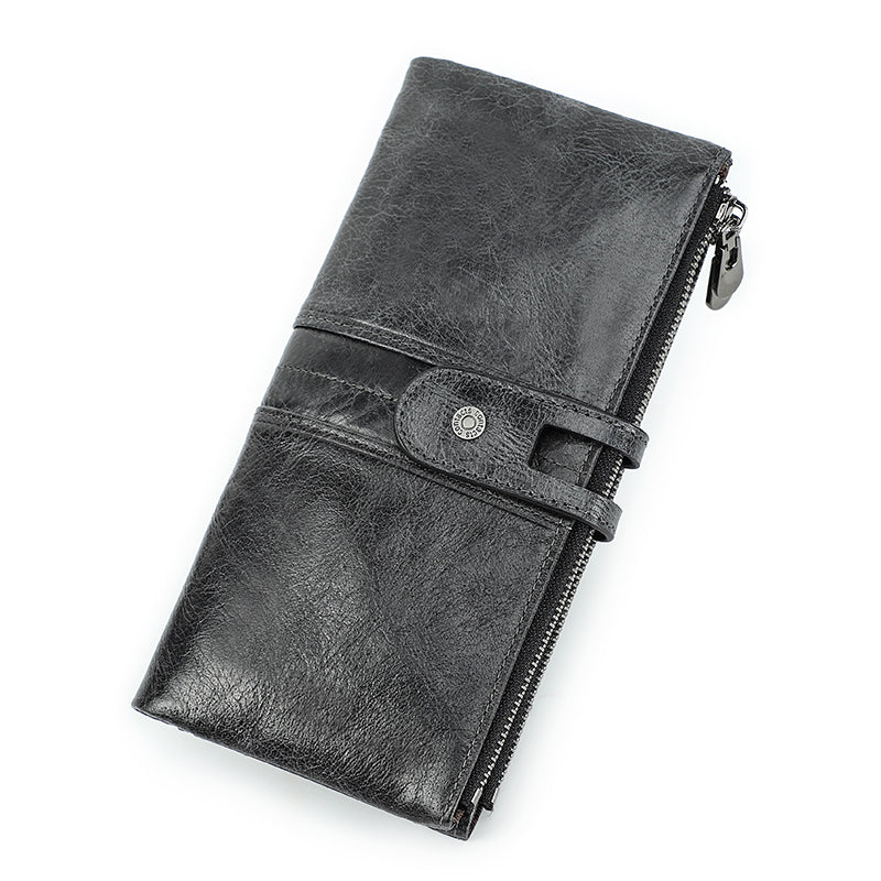 Vintage CONTACTS Men Clutch Wallet Genuine Leather, Long Wallet, Card Holder, Zipper Coin Purse, Money Organizer
