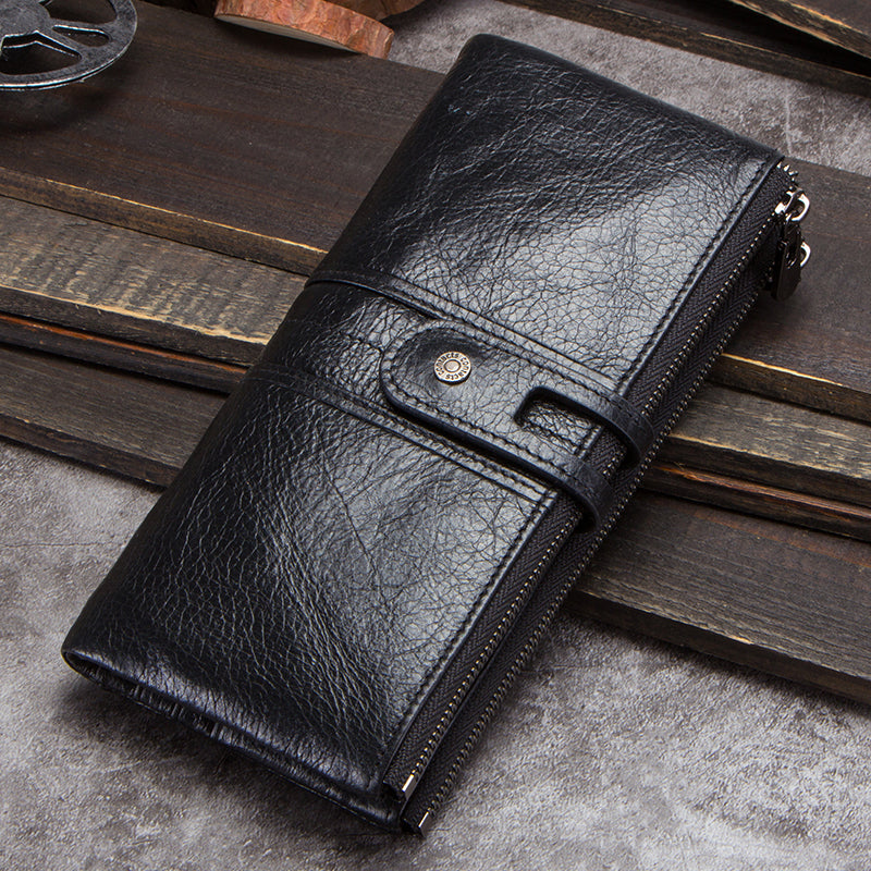 Vintage CONTACTS Men Clutch Wallet Genuine Leather, Long Wallet, Card Holder, Zipper Coin Purse, Money Organizer