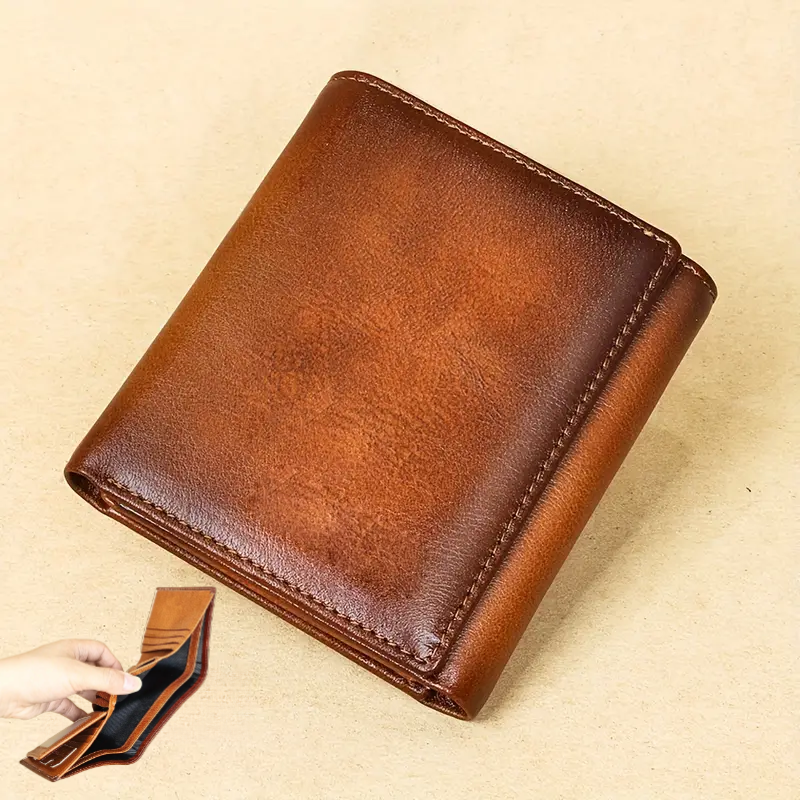 Retro Mens Wallet RFID Anti Theft Brush Short Style, Three Fold Design, Large Capacity with Photo Slot